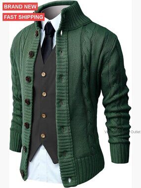 Men's Long Sleeve Cable Knit Cardigan, Slim Fit, Button Down